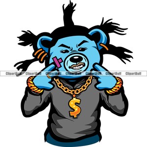 May include: A blue cartoon bear with a gold chain and dollar sign pendant. The bear is wearing a black hoodie and has a purple bandage on its nose. The bear is making a hand gesture.