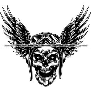 Airplane Skull Pilot Aviator Wings Flight Helmet Goggles Head Bone Evil Halloween Scary Horror Tattoo Art Logo Design JPG PNG SVG Cut File