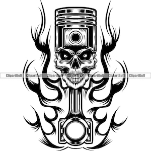 May include: Black and white illustration of a skull with a piston for a head, surrounded by flames.