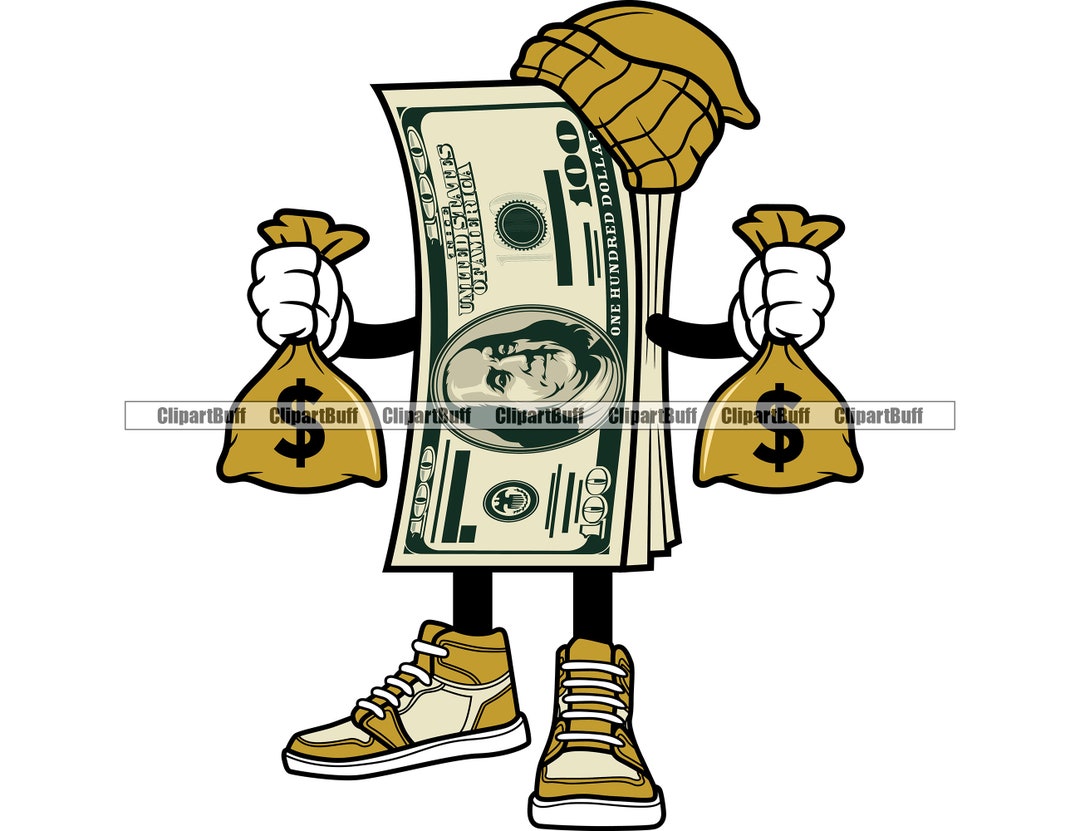 Gangster Hustle 100 Dollar Bill Stack Cartoon Holding Money Bag Cap ...