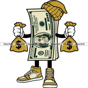 Puede incluir: Ilustración de dibujos animados de una pila de dinero con un gorro de lana, sosteniendo dos bolsas de dinero. El dinero es un billete de 100 € con el texto "CIEN EUROS".