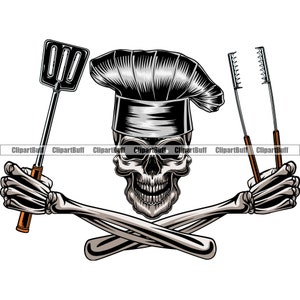 Schädel Koch Skelett BBQ Bar-B-Que Tong Pfannenwender Kochen Essen Kochen Restaurant Küche Gourmet Küche Kulinarisches Diner Gastronomie PNG SVG geschnitten Datei