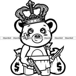 Cute Female Gangster Hustle Teddy Bear Queen Hair Bow Face Bandage Skirt Gun Knife Hip Hop Rap Rich Hustling Thug Tattoo Logo Design PNG SVG