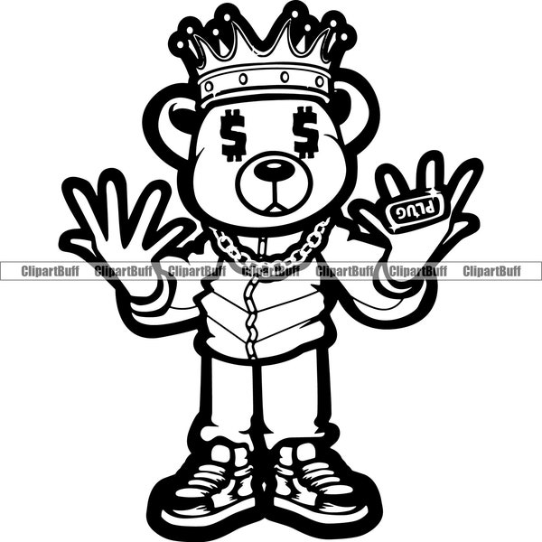 Gangster Hustle Teddy Bear Plug Two Finger Ring Gold Jewelry Swag Rap Rich Rapper Hip Hop Art Hustling Tattoo Design JPG PNG SVG Cut File