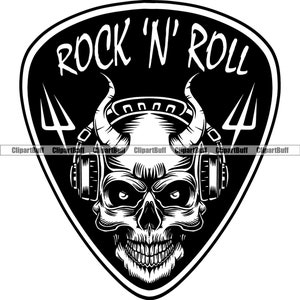Rock N Roll Schädel Kopf Gitarre Plektrum Teufel DJ Dee Jay Heavy Metal Musik Band Star Grinsen Hörner Skelett Tattoo Logo Design Jpg PNG SVG geschnitten Datei