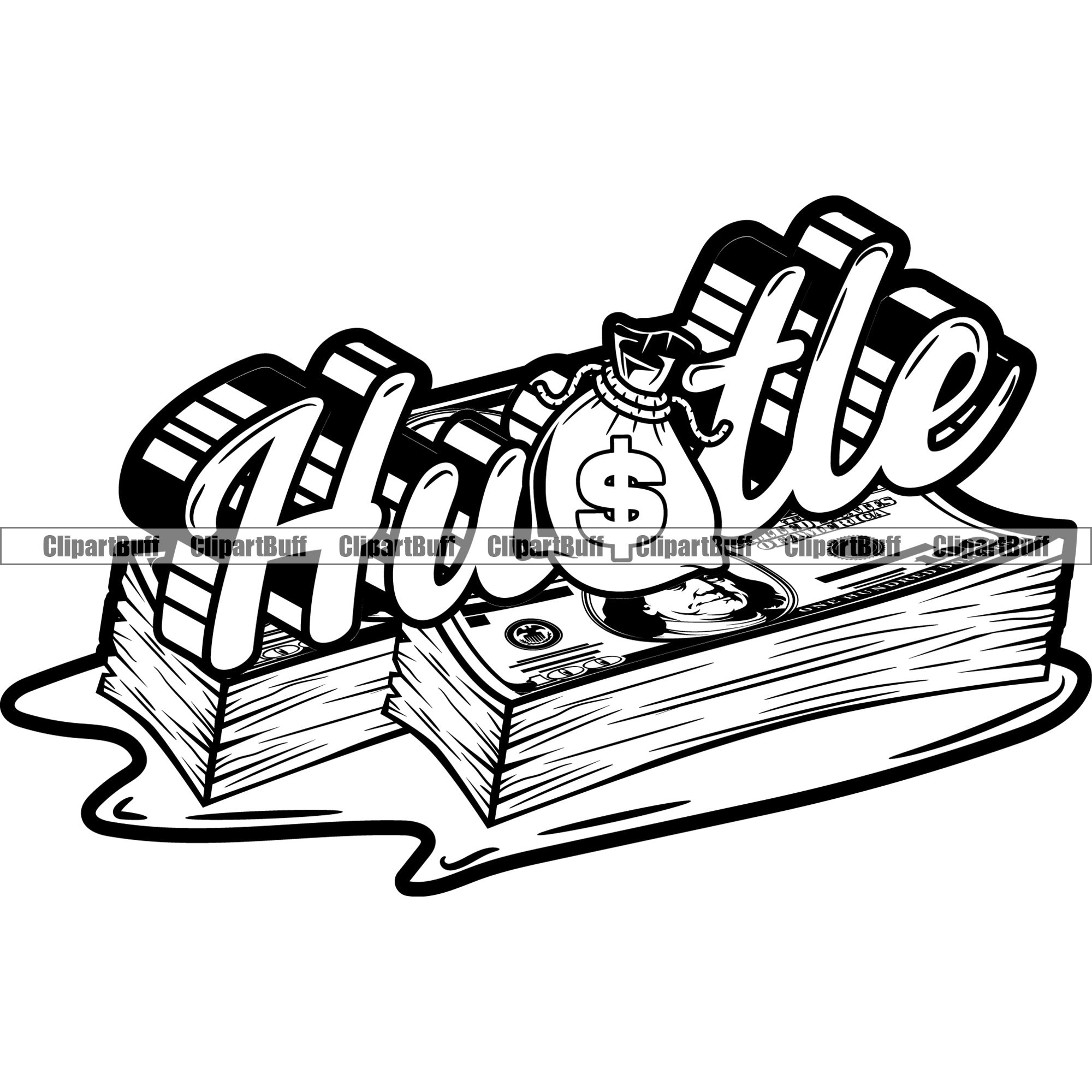 Hustle Money Bag Cash Stack Gangster Grind Street Cash Rich Star Pug Trap Trapper Boss Art Hustling Tattoo Design Quote JPG PNG SVG Cut File