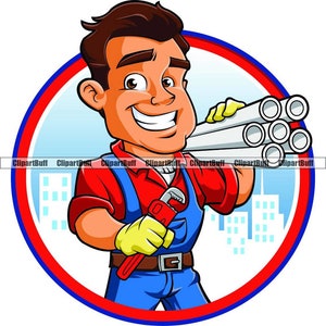 Plumber Plumbing Cartoon Character Pipe Wrench Repair Handyman Leak Construction Repairman House Home Company Logo Design JPG PNG SVG Cut