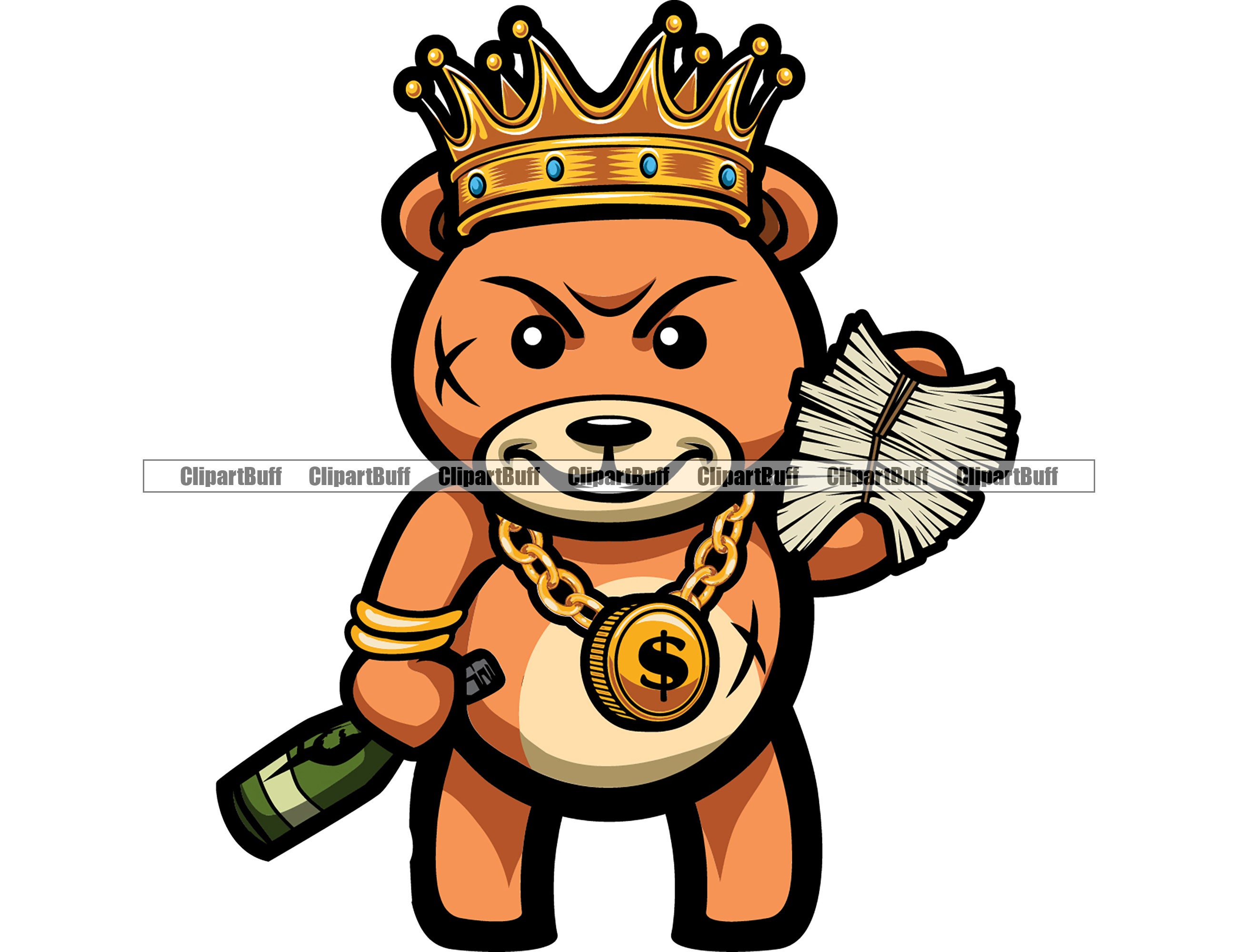Koning gangster drukte teddybeer houden alcohol fles geld stapel litteken gezicht rijke ster rap hip hop hossen tattoo ontwerp JPG PNG SVG-bestand