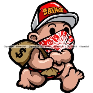 Gangster Hustle Baby Boy robando dinero Bolsa Jefe con gorra Gang Bandana Rap Hip Hop Rapper Rich Hustling Art Diseño de color JPG PNG SVG Corte