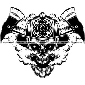 Schedel Skelet Brandweerman Brandweerman Brandweerman Brandweerman Eerste Hulphelm Bijl Rook Uit Neus Rescue Vlam Tattoo Logo Ontwerp JPG PNG SVG Cut