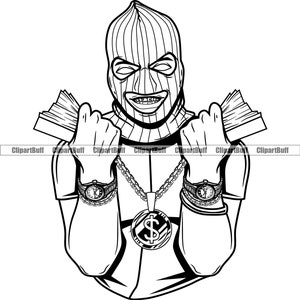 Gangster Hustle Black Man Gang Ski Maske Gold Zähne 2 Uhren No Eyes Rich Thug Mafia Mob Boss Rap Hip Hop Art Tattoo Design PNG SVG Cut