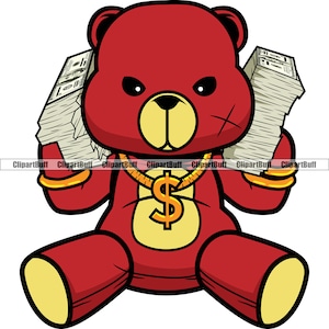 Hustle Teddy Bear Money Stacks Gold Watch Dollar Sign Necklace Cartoon Hip Hop Rap Rich Boss Swag Drip Trap Tattoo Art Logo Design PNG SVG