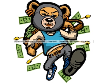 Gangster Hustle Teddy Bear Wearing Ski Mask Running Stealing Money Bag Cartoon Character Hip Hop Rap Tattoo Color Rich Logo Design PNG SVG