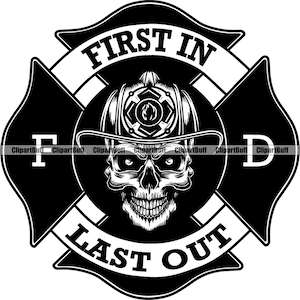 First In Last Out Skull Fireman Helmet Axes Firefighter Firefighting Emergency Safety Hero Equipment Art Tattoo Design Jpg PNG SVG Cut File