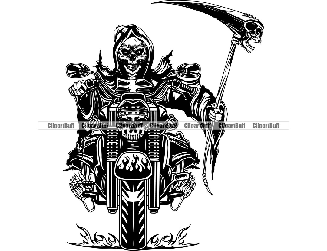 Grim Reaper Skull Motorcycle Motorbike Skeleton Cycle Sickle Flame Ride
