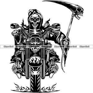 Grim Reaper Skull Motorcycle Motorbike Skeleton Cycle Sickle Flame Ride Riding Rider Death Evil Mechanic Tattoo Logo Design JPG PNG SVG Cut