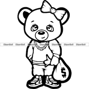 Cute Female Hustle Teddy Bear Hair Bow Gold Necklace Holding Big Money Bag Cartoon Character Hip Hop Rap Gangster Tattoo Logo Design PNG SVG
