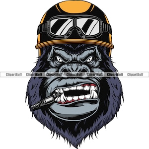 Gorilla Vintage Motorcycle Helmet Goggles Spark Plug Growl Growling Garage Mechanic Speed Racing Tattoo Art Logo Design Jpg PNG SVG Cut File