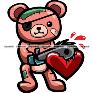 Può includere: Un orsacchiotto rosa con una benda sull'occhio e un cerotto sul naso tiene una motosega e taglia un cuore rosso a metà. Il sangue schizza dal cuore.