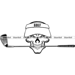 Joueur de golf de crâne portant l’équipement de golf de squelette de casquette sur la bouche souriante golfant le parcours de balle de sport jouer au golfeur art tatouage conception JPG PNG fichier SVG