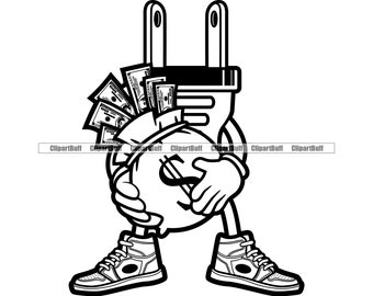 Gangster Plug Personaje sosteniendo bolsa de dinero usando zapatillas Trap Plug Cash Star Rap Hip Hop Art Hustling Tattoo Design JPG PNG SVG Cut File