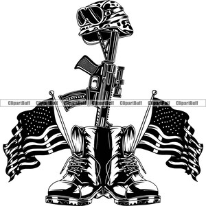 Fallen Soldier Armed Forces Military Combat War Battle USA Flag Boots Helmet Goggles Rifle Gear Tattoo Art Logo Design Jpg PNG SVG Cut File