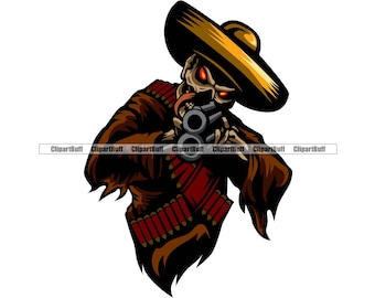 Può includere: Un'illustrazione di un cartone animato di uno scheletro che indossa un sombrero marrone e un gilet marrone con bandoliere rosse. Lo scheletro tiene una pistola e ha occhi rossi luminosi.