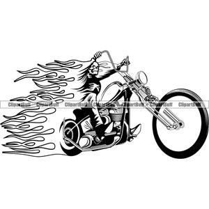 Skeleton Moto Moto Crâne Cycle Faucille Flamme Ride Riding Rider Horreur Evil Gang Fire Mechanic Tatouage Logo Design JPG PNG SVG Cut