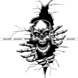 Skull Real Eyes Breaking Through Cracked Wall Floor Hand Skeleton Bone Horror Grin Devil Evil Death Scary Ghost Design JPG PNG SVG Cut File