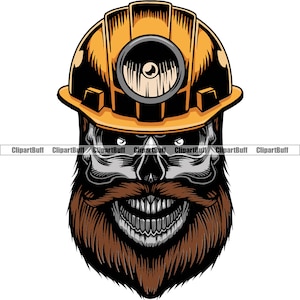 Op de afbeelding: Een schedel met een gele helm met een koplamp, een bruine baard en een sinistere grijns.