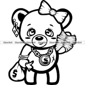 Niedliche Hustle Girl Teddy Bär Königin Große Augen Diamant Ohrring Gold Halskette Geld Taschen Cartoon Hip Hop Rap Hustling Tattoo Logo Design PNG SVG