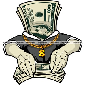 Gangster Hustle Money Stack Cartoon Money Trap Boss Wearing Gold Necklace Rich Cash Rap Hip Hop Rapper Hustling Art Color Design JPG PNG SVG