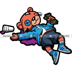 Gangster Hustle Teddy Bear Passed Out Drunk Purple Drink Cup Money Stack Scar Face Cartoon Hip Hop Rap Hood Color Tattoo Logo Design PNG SVG