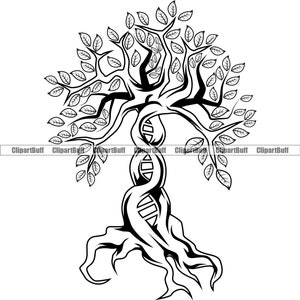 May include: A black and white line art illustration of a tree with a DNA strand as its trunk. The tree has many branches and leaves.