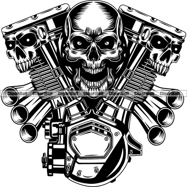 Skull Vehicle Engine Skeleton Mechanic Garage Shop Auto Parts Engine Service Repair Tech Technician Art Tattoo Design Element PNG SVG Cut
