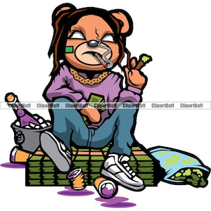 Trappola Star Hustle Gangster Teddy Bear Dread Locks Smoking Cigar Cash Money Purple Drink Cup Cartoon Hip Hop Rap Mob Color Logo Design PNG SVG