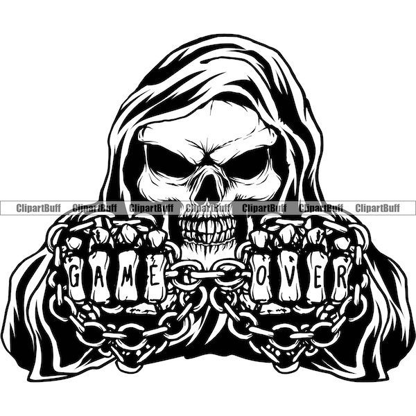 Skull Game Over Knuckle Tattoo Chains Grim Reaper Mad Death Dark Terror Skeleton Halloween Fists Evil Scary Art Logo Design JPG PNG SVG Cut