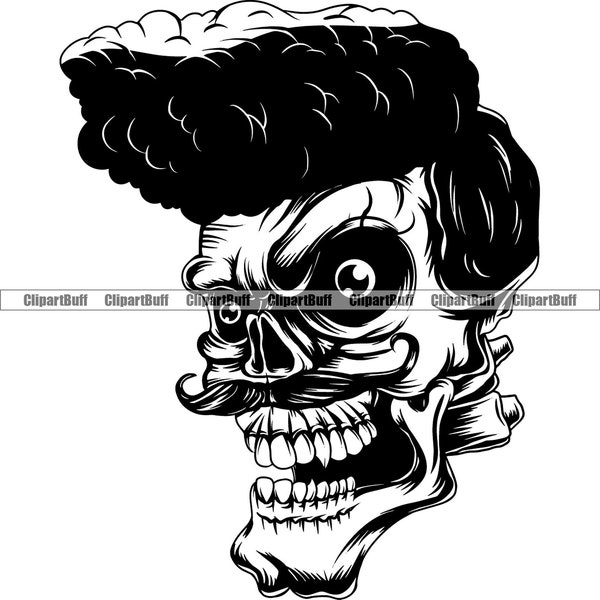 Rock N Roll Skull Head Rockabilly Greaser Pompadour Hair Style Rocker Eye Eyeball Music Band Skeleton Tattoo Logo Art Design JPG PNG SVG Cut