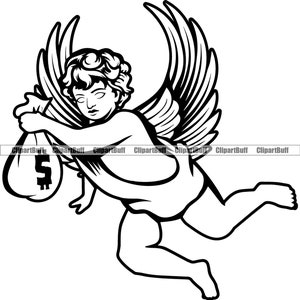 Gangster Hustle Angel Wings Holding Money Bag Wing Rich Cash Rap Hip Hop Rapper Hustling Art Ghetto Thug Design Quote JPG PNG SVG File di taglio