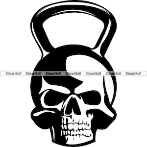 May include: Black and white silhouette of a kettlebell shaped like a skull.