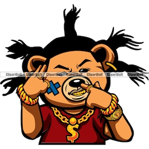 Gangster Hustle Teddy Bär Dread Lock Haar Zeigt Gold Zähne Schmuck Narbe Gesicht Gang Cartoon Hip Hop Rap Farbe Art Rich Logo Design PNG SVG
