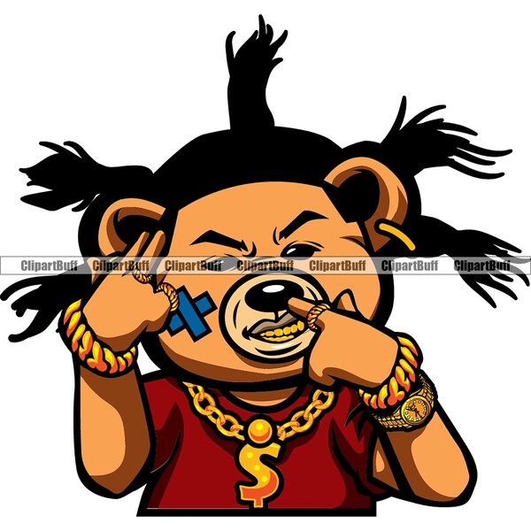 Gangster Hustle Teddy Bear Dread Lock Hair Showing Gold Teeth Jewelry Scar Face Gang Cartoon Hip Hop Rap Color Art Rich Logo Design PNG SVG