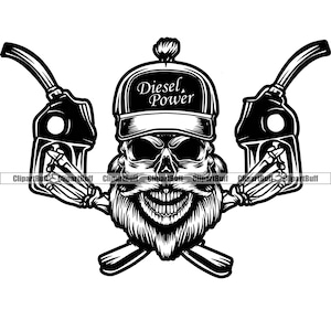 Diesel Power Truck Driver Skull Fuel Nozzle Hands Beard Trucking Logistic Semi Tractor Trailer Transport Logo Design JPG PNG SVG Cut File