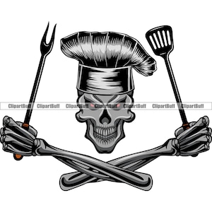 Skull BBQ Bar-B-Que Chef Grill Fork Spatula Skeleton Cooking Cook Food Restaurant Kitchen Tattoo Diner Dining Logo Color Design PNG SVG Cut