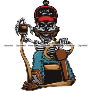 Puede incluir: Un esqueleto con una gorra de béisbol roja con el texto "Diesel Power" y una camisa azul conduce un vehículo. El esqueleto tiene bigote y barba y lleva un cigarro en la boca.