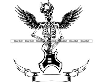 Rock N Roll Skeleton Guitar Body Skull Head Casque Devil Horns Wing Music Heavy Metal Band Star Banner Logo Design JPG PNG SVG Cut File