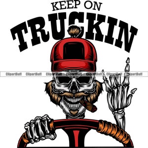 Truck Driver Skull Diesel Hat Cap Skeleton Trucker Rock Hand Sign Cigar Beard Big Rigg Tractor Trailer Tattoo Color Design JPG PNG SVG Cut