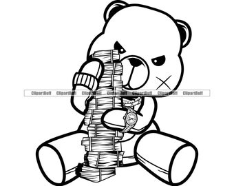 Gangster Hustle Teddy Bear Mean Scar Face Money Gold Jewelry Cartoon Hip Hop Rapper Boss Swag Drip Trap Tattoo Art Logo Design PNG SVG Cut