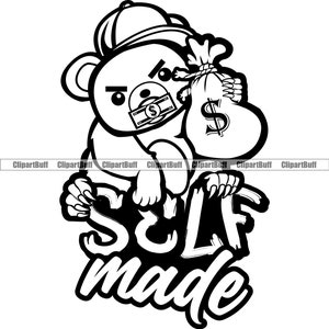 Self Made Gangster Hustle Teddy Bear Lunettes de soleil 100 Dollar Bill Cash Covering Mouth Money Bag Hat Cartoon Ghetto Thug Tattoo Design PNG SVG
