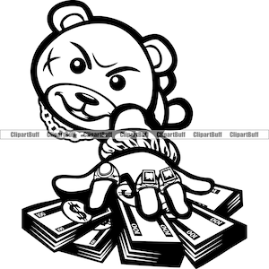 Gangster Hustle Teddy Bär greifen Geld Stack tragen Gold Schmuck Trap Plug Rich Rap Hip Hop Hustling Tattoo Design JPG PNG SVG geschnitten Datei